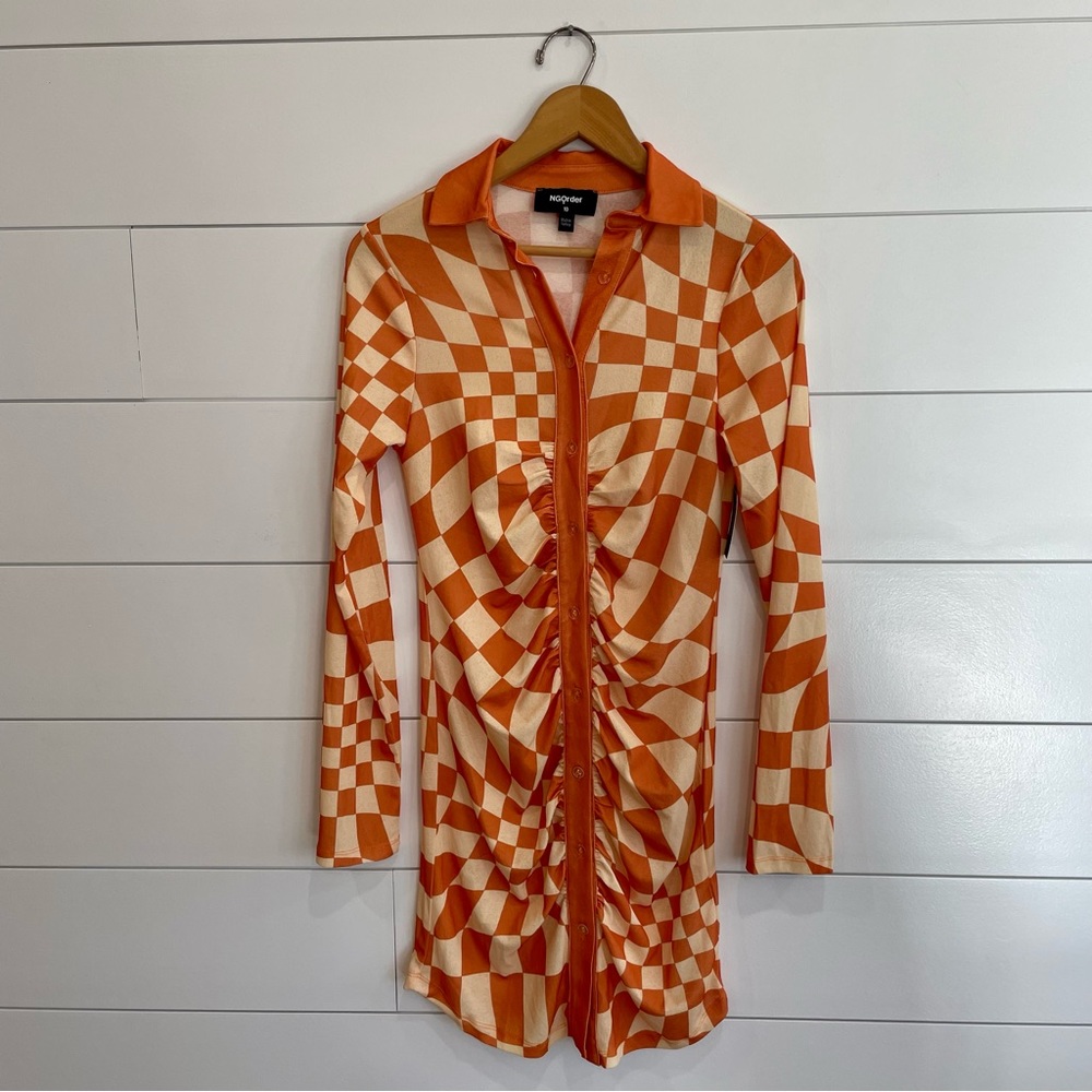 Simons Orange and Cream Checkered Long Sleeve Dress
